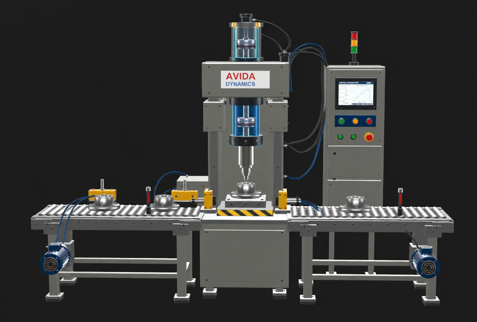 3D model of the Bearing Punch Bay press with conveyor, control cabinet and touchscreen