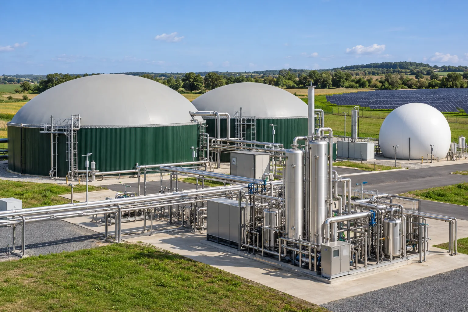 Biogas plant with digester domes and gas upgrading equipment