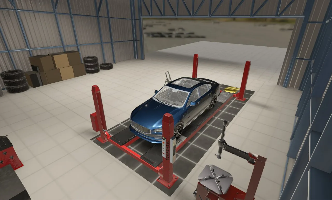 3D service bay with a car raised on a four-post lift