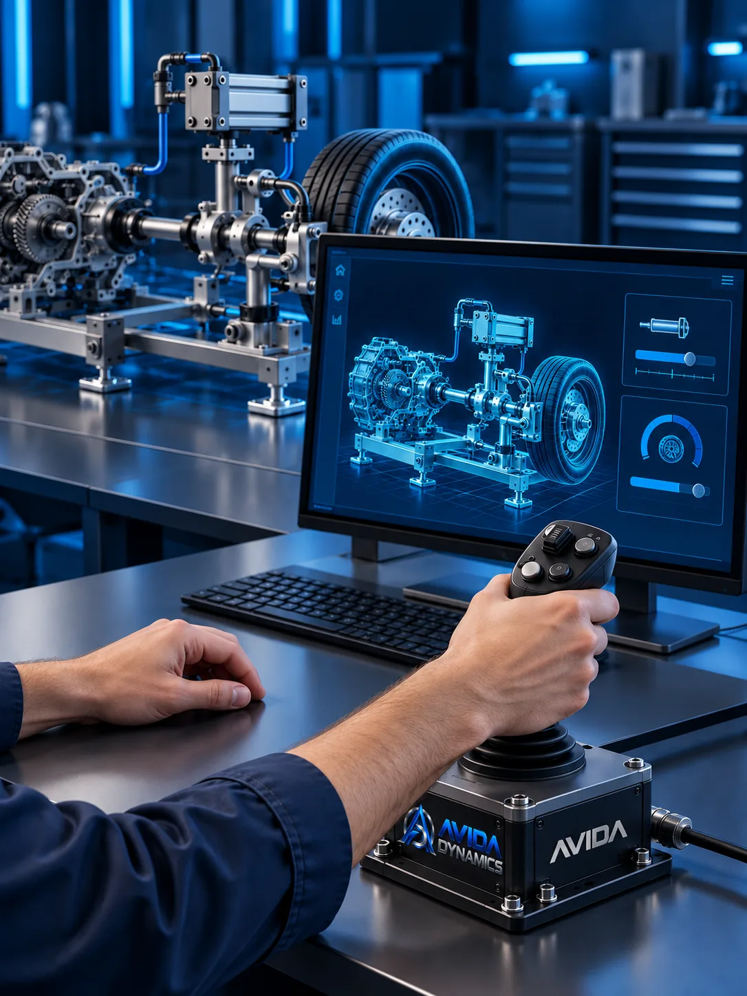 Engineer using an Avida joystick controller beside a monitor showing a 3D drivetrain model, with the physical test rig behind