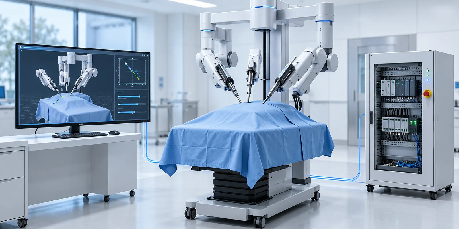 Robotic surgical training setup with a covered table, monitor and equipment cabinet