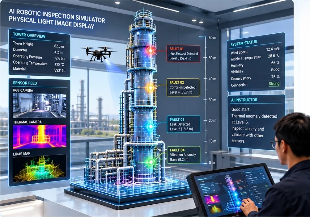 Simulated drone inspection of a process column, with highlighted anomalies and an operator at a tablet