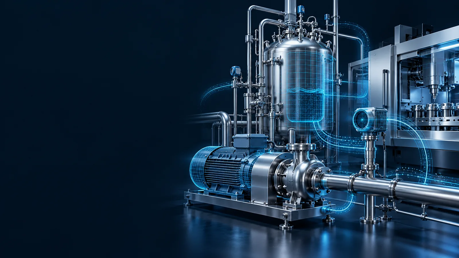 Process vessel, pump and pipework with a glowing virtual overlay